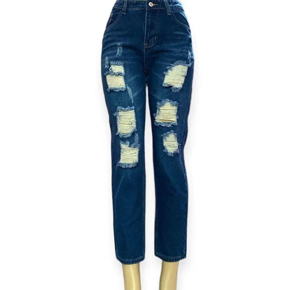 Dark Blue Denim Mid Rise Distressed Cropped Jeans -NWT